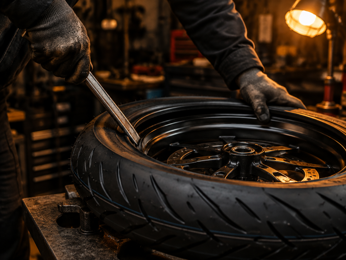Close-up of a mechanic installing a new motorcycle tire onto a wheel rim