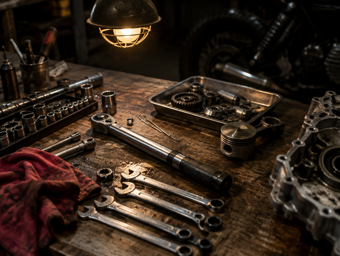 A mechanic's workbench with wrenches, sockets and engine parts laid out under a work lamp